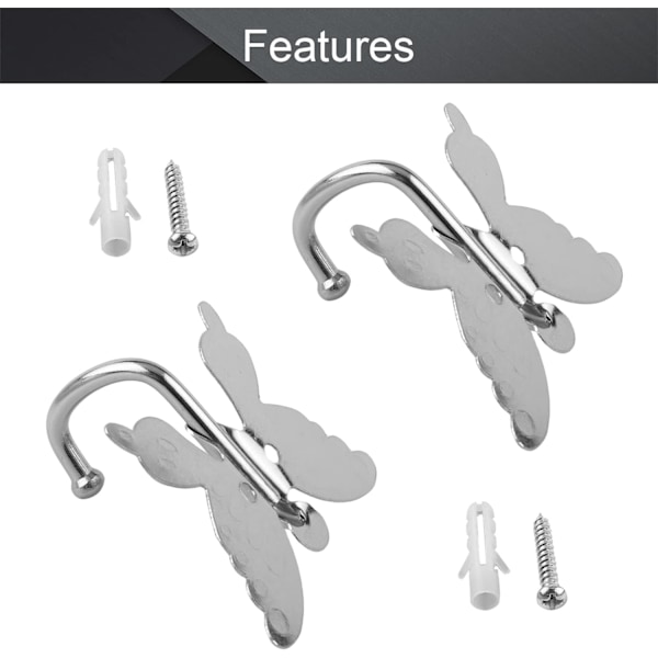 2 kpl Perhonen-tyyliset seinäkoukut Vaatteille, Takille, Pyyhkeille, Seinäkiinnitys, Sinkkiseos, Hopea