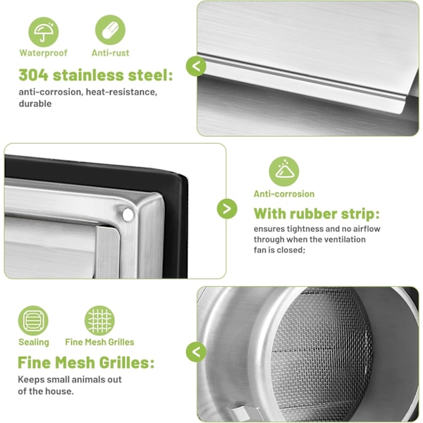 100mm ventilasjonsrist med myggnett, 304 rustfritt stål Tilbakeventilsperre Værbestandig rist, Ø100mm ventilasjonsrist for VMC-rør og