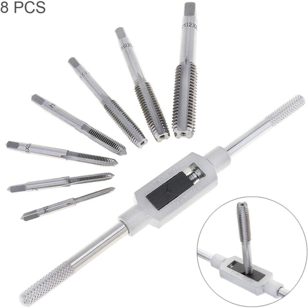 HSS Tapping Die Sett med 8 stk, med M3-M12 Taps og 1/16\"-1/2\" Nøkkel