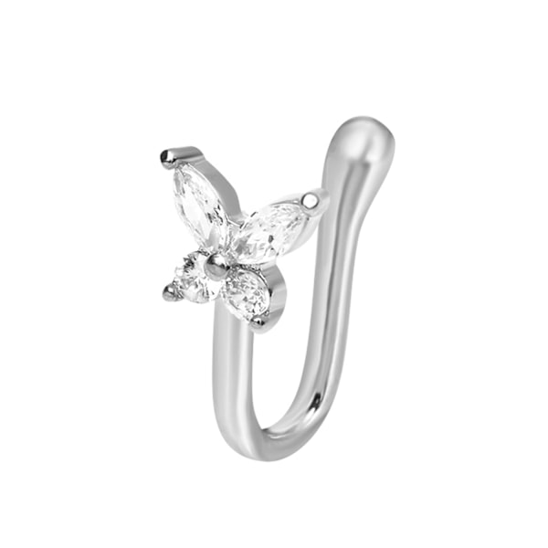 Krystall Sommerfugl Septum Neseringer - Små, U-formet, Clip On, Bøybar Studs - Sølv, Fake, Smykker for Kvinner