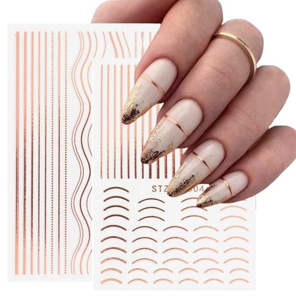 8 Ark Randiga Linjer Bokstäver Franska Toppar Självhäftande Nageldekaler Kurviga Nagelkonst Sliders Nageltillbehör för Kvinnor Manikyr DIY Dekorationer