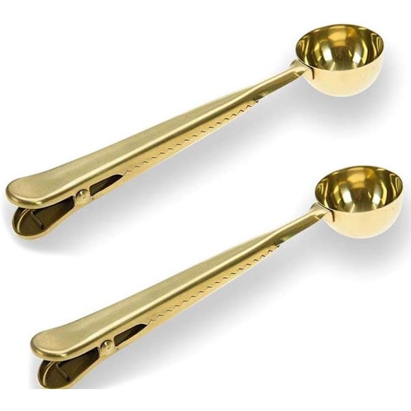 2 stk. Sæt Kaffe Ske med Pose Klips, Rustfrit Stål Langskaftet Teske Kaffe Tilbehør og Køkkenredskaber (Guld)