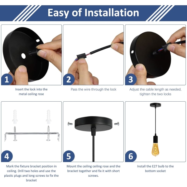 2-pakks metall E27 pendellamper (svart), 100 cm justerbar kabel