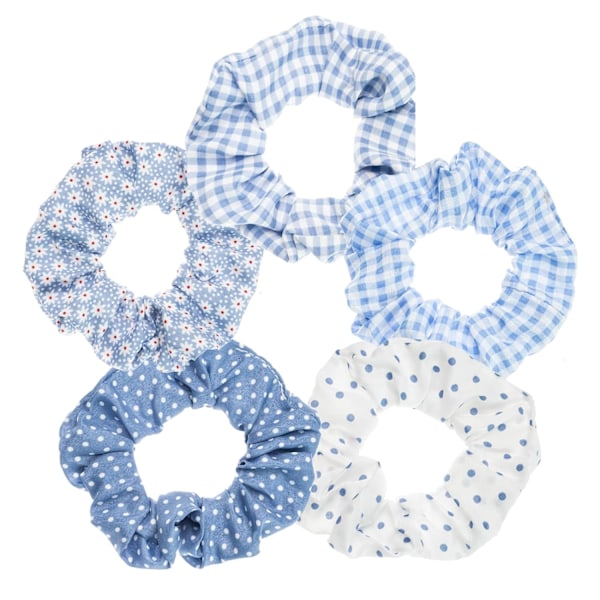 Blue Plaid Scrunchies Set - 5 Bandana Hair Ties for Women