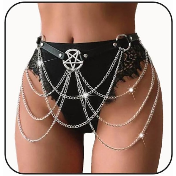 Goth Svart Läder Kedjebälte Punk Berlocker Pentagram Mage Kroppskedja Tofs Lager Midjekedjor Nattklubb Sele Rave Kroppssmycken för Kvinnor
