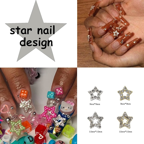 20 st Nail Art Charms Stjärna Nail Charms för Akrylnaglar 3D Glansiga Nail Art Tillbehör Guld Silver Nail Gems Kristaller Smycken Design Nageltillbehör fo