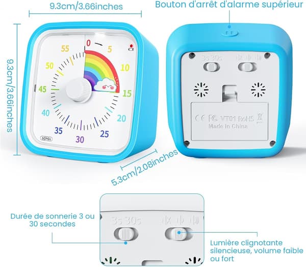 Regnbue Visuel Timer med Beskyttelsesetui, Regnbue Timer til Børn, 60-Minutters Nedtællingstimer til Børn og Voksne (Blå)