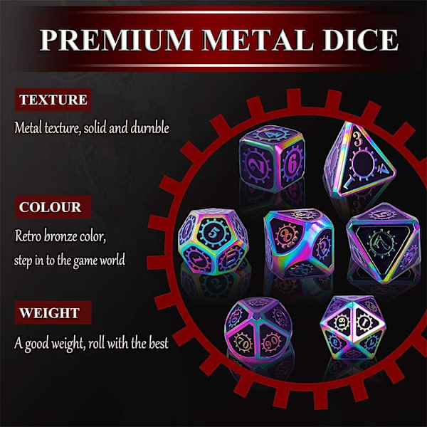 7 stycken metall RPG-tärningar, rollspel DND Polyhedral D&D