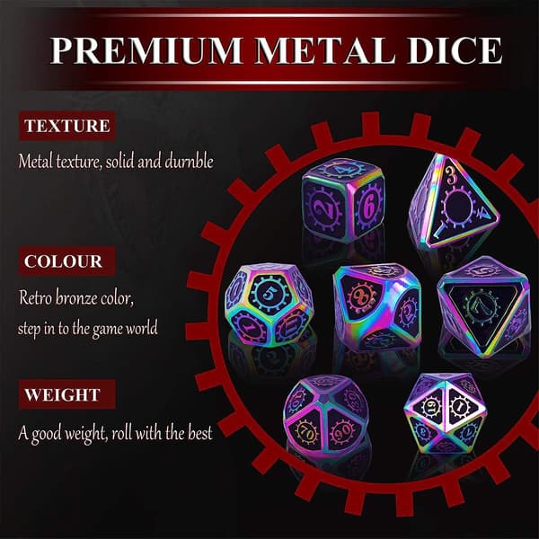 7 Stykker Metall RPG Terninger Terningsett, Rollespill DND Polyhedral D&D