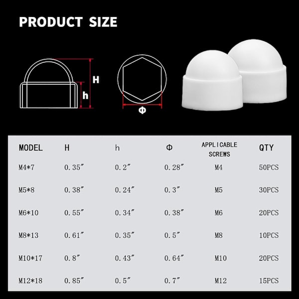 145 Stykker Plast Dome Mutterhetter, Sekskantet Beskyttelsesmutter, Svarte Bolt Mutterhetter for Maskineri Møbler Kjøretøy - M4/M5/M6/M8/M10/M12 (Hvit)