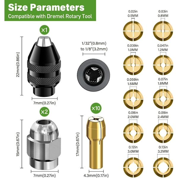 15 stk. dor kompatibel med Dremel, roterende verktøytilbehør, 0,8 mm til 3,2 mm erstatning 4486 hurtigskiftedor, erstatning 4485 messinghylse Met