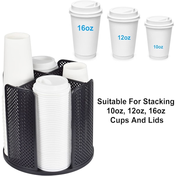 Kaffekopdispenser, drejelig holder til kopper og låg til 5-16 oz kopper, 4-rums kaffekopholder, bordplade kaffekoporganisator til restaurant, C
