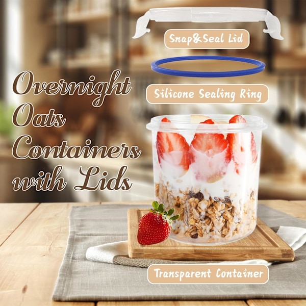 4 st Över Natten Havrebehållare med Lock, 47 cl Plast Havre Förberedelse Behållare Burkar, Återanvändbara Frukostflingor Yoghurt Frukt Förvaringsmuggar för Frukost Lunch Picknick