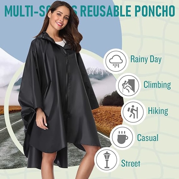 Ocean Raincoat Poncho vetoketjullisella hupulla aikuisille (musta)