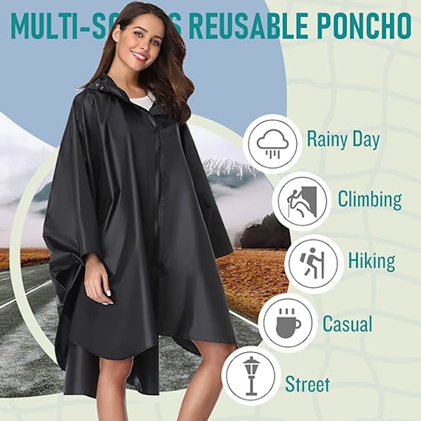 Ocean Regnjakke Poncho med Lynlås Hætte til Voksne (Sort)
