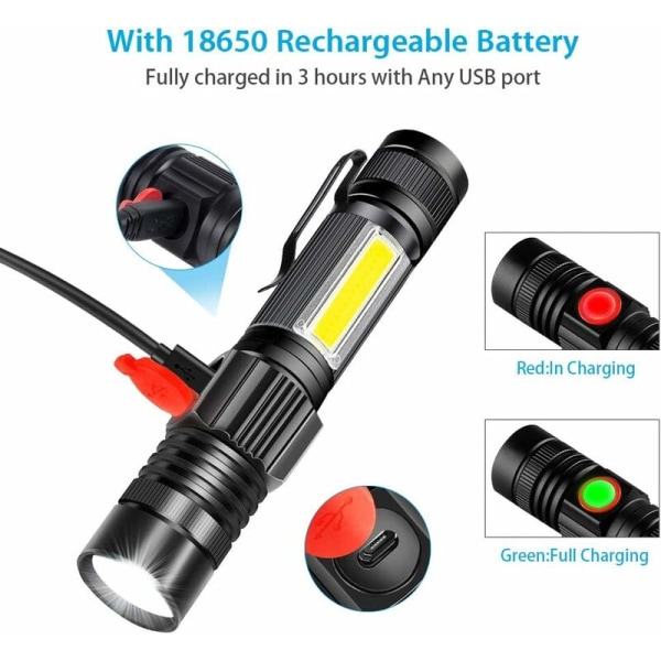 USB Genopladelig LED Lommelygte, COB Super Lys Vandafvisende Lommelygte