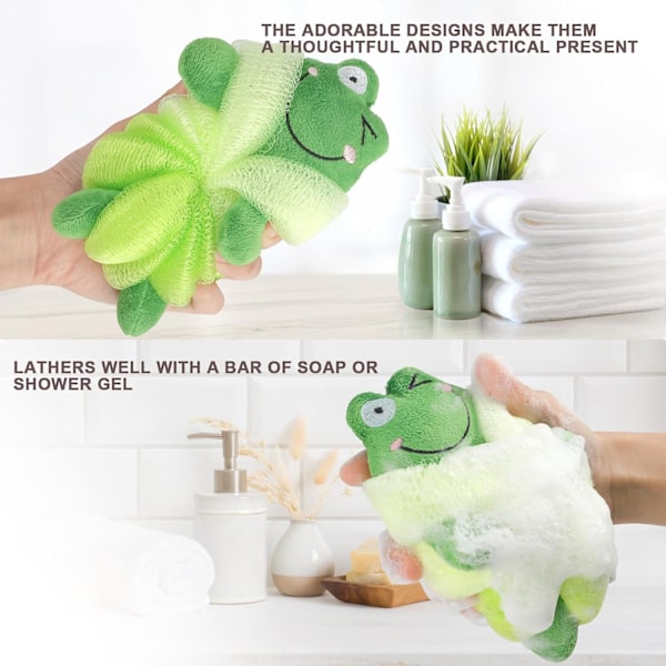 Tvättbar duschpuff för barn, Söt badpuff för kroppen, Djurformade duschbollar Loofah-svampar, Nät-svamp kroppsskrubb för barn-A