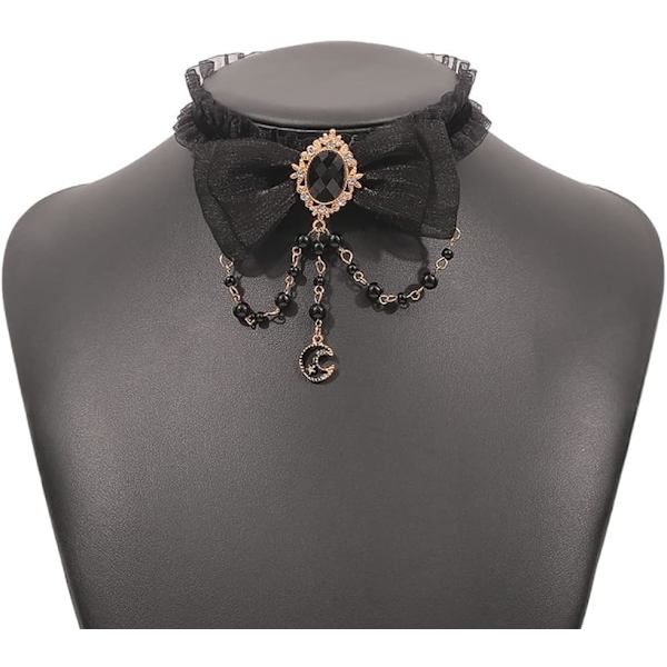 (Svart)Gotisk svart sløyfe slips halskjeder for kvinner jenter blonder choker halskjede perlekjede måne anheng halskjede for Halloween Bl