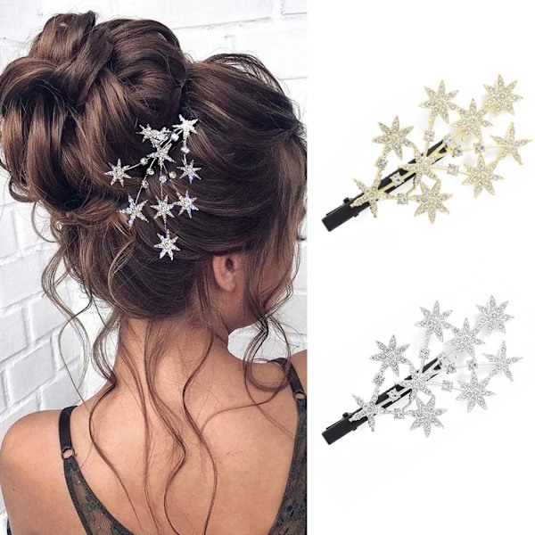 (2-pack) Rhinestone Star Hårklämmor Kristall Stjärna Hårklämma Brud Bröllop Hårklämmor Glittrande Silver Hårnålar Brud