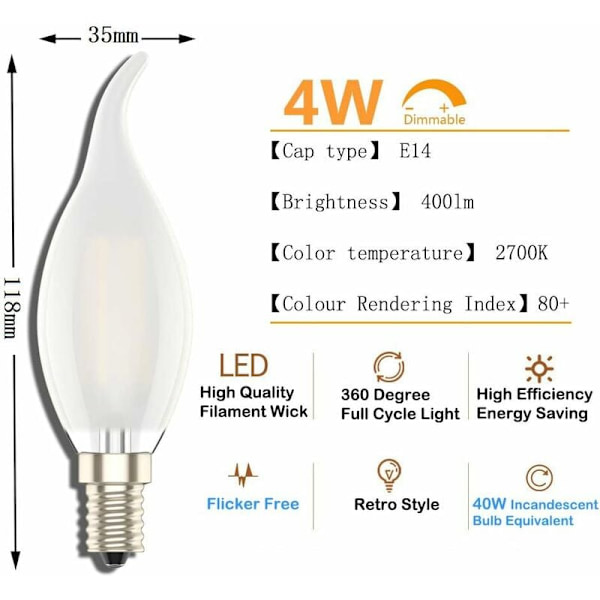 E14 LED-lampor, 5-pack, E14 LED-lampor, Frostad Flamma Filament, Sm