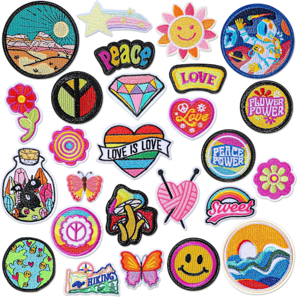 26 st Broderade Hippie Stryk på Märken för Kläder, Applikationer Retro Rymdplaneter Reparationsmärken Kit för Hantverk Ryggsäckar Kläder DIY Dekorera(