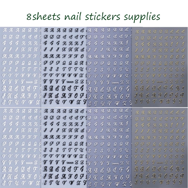8 Ark Retro Engelska Bokstäver Nagelstickers för Nagelkonst 3D Självhäftande Svart Vit Guld Silver Design Nageldekaler Pegatinas Uñas för Kvinnor DIY Ma