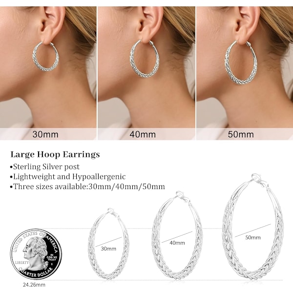 Sølv Hoop Øredobber for Kvinner Hypoallergeniske 925 Sterling Sølv Post Hoop Øredobber Lett Store Sølv Hoop Øredobber