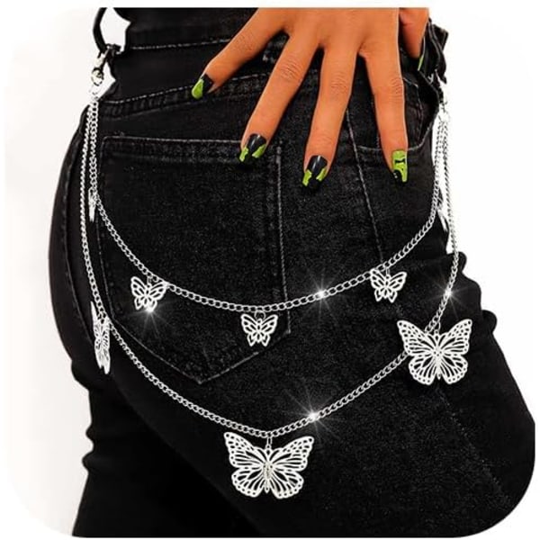 Fjärilsbyxkedja Silver Lagerad Jeanskedjor Punk Goth Plånbokstillbehör för Kvinnor och Män