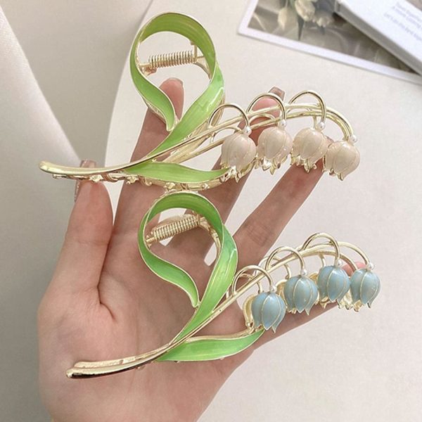 Liljekonvalj blomsterhårklämmor, orkidéhårklämmor, blomstermetallhårnål, liljekonvalj käftklämma hårstyling för tjock