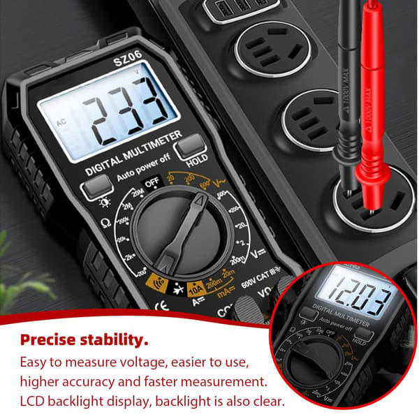 600V digital multimeter, voltmeter, kontinuitetstestare, med vikbart stativ och testkablar för AC/DC-spänning, DC-ström, resistans
