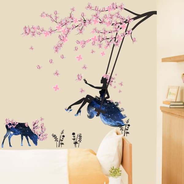 Väggdekaler med flicka på gunga i träd & älg-silhuett med rosa