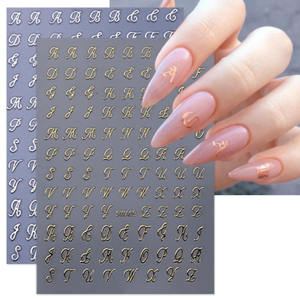 8 Ark Retro Engelska Bokstäver Nagelstickers för Nagelkonst 3D Självhäftande Svart Vit Guld Silver Design Nageldekaler Pegatinas Uñas för Kvinnor DIY Ma