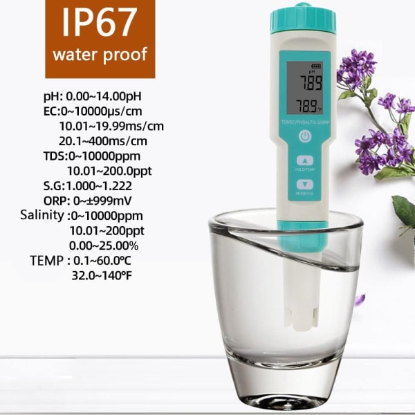 7-i-1 elektronisk pH-mätare, pH-mätare PH/TDS/Temp/SG/EC/ORP Vatten