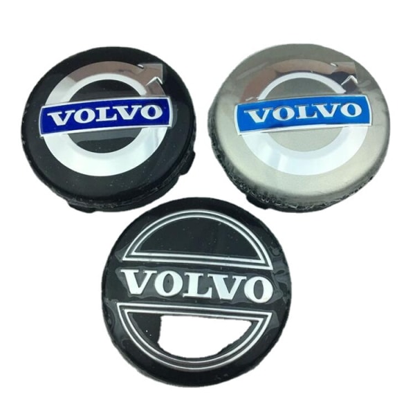 4 x Volvo lättmetallfälgar, centrumnavkapslar, 64 mm, svart/blå, C70
