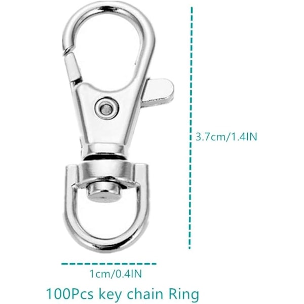100 stk Premium Svingbare Karabinkroker med Nøkkelringer, Metallkroker for Lanyard Nøkkelkjede, Sølv