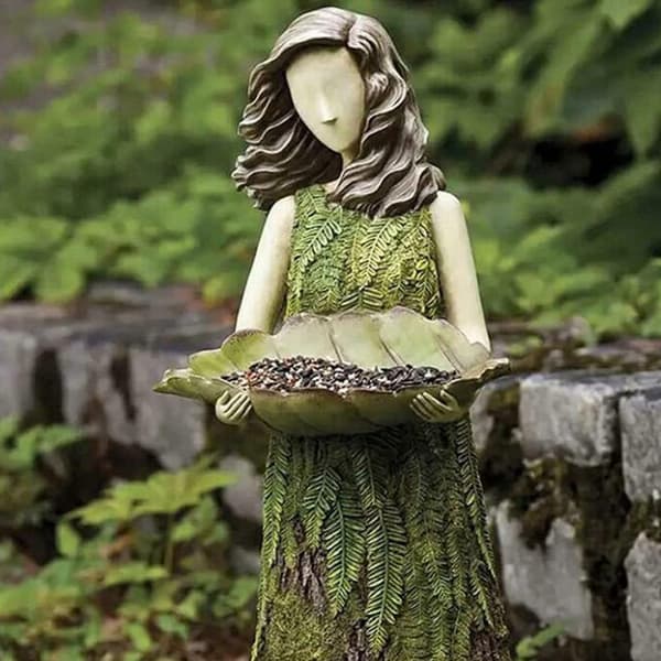Fuglefoder Fairytale Forest Girl, Harpiks Håndværk, Udendørs Have Statue