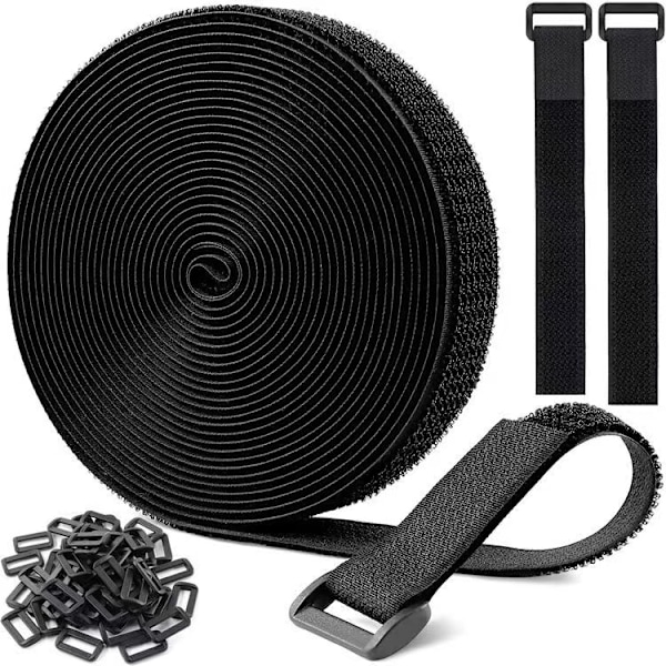 10m x 2,5cm Justerbare Kabelstropper med 50 Løkker, Sorte Genanvendelige Kabelbindere, Krog og Løkke Lukning til Kabelstyring, Sort