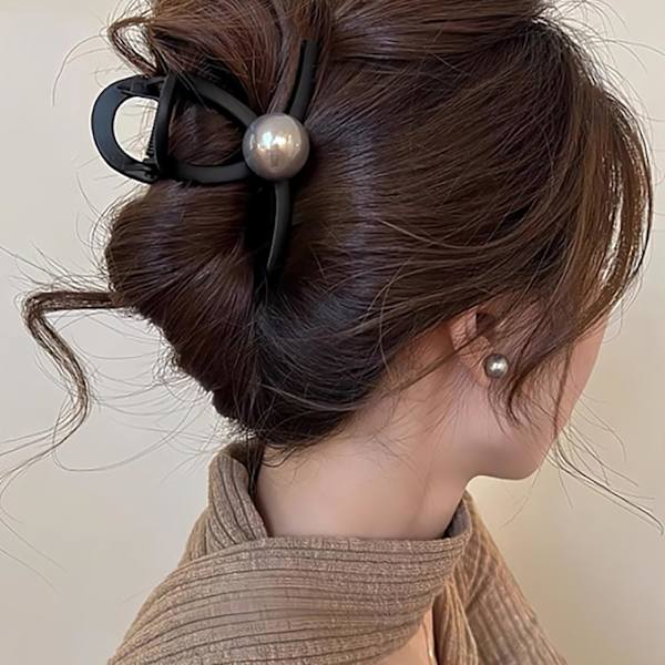 Matte Black Pearl Hair Claw Clips Elegant Pearls Hair Claws for Women French Medium Hair Clip for Thick Hair Black Tip R