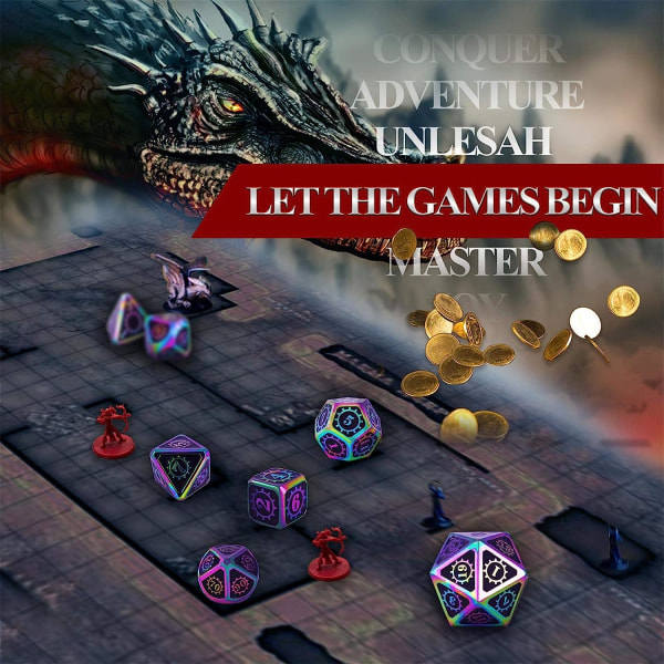7 Stykker Metall RPG Terninger Terningsett, Rollespill DND Polyhedral D&D
