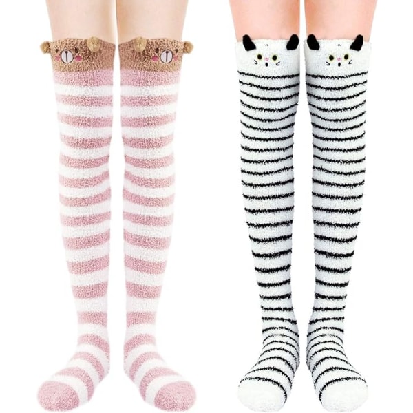 2 par Coral Velvet Knæhøje sokker til kvinder (kat og bjørn,
