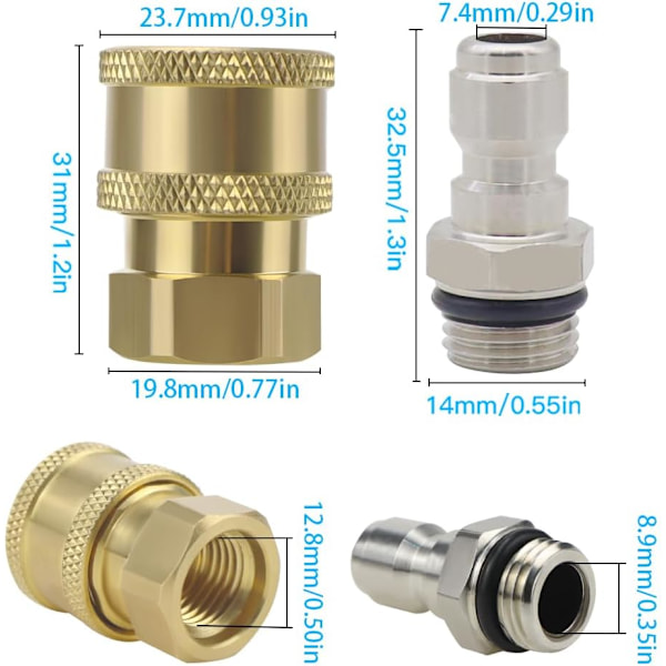 1/4'' Snabbkoppling för Trycktvätt Koppling Mässing Adapter Passande Högtryckstvätt Kopplingar för Högtryckspistol
