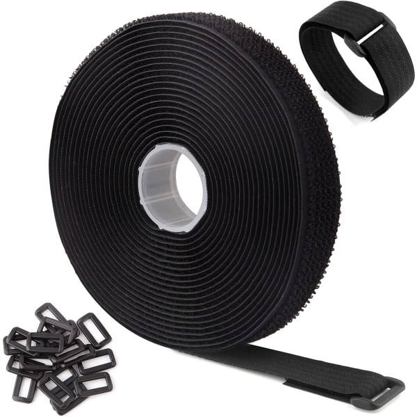 5m Svarta Justerbara Återanvändbara Kabelband/Remmar med 25 Öglor och Kardborreband för Kabelhantering (5m x 2cm, Svart)