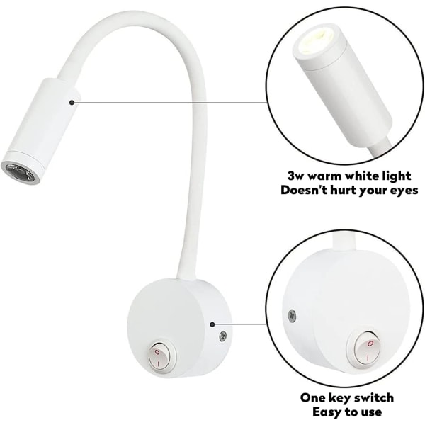 2 stycken LED-väggmonterade läslampor, vit färg, skrivbordslampa varm