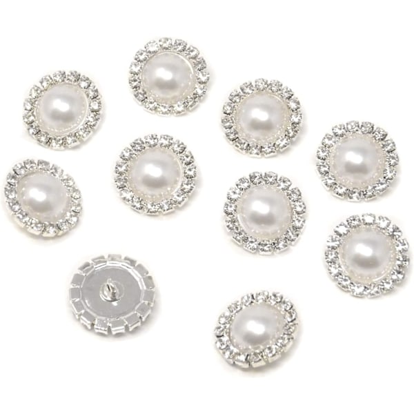 10 stk. Hvite 1,5 cm Runde Rhinestone Faux Perleknapper Dekorasjoner