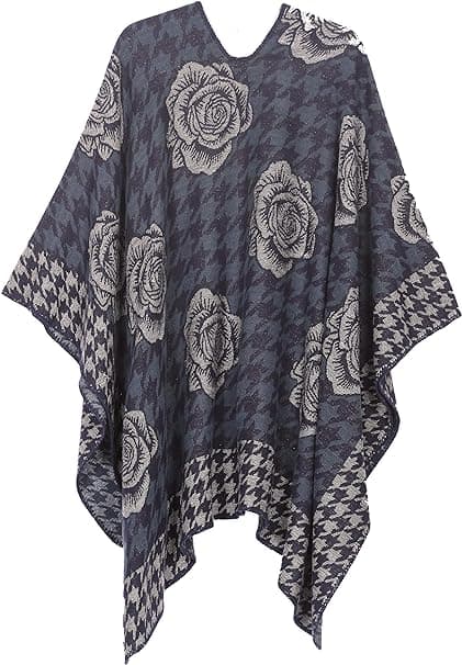 Dames Modebevidst Blomstermønstret Vendbar Shawl Cape - Blå, Shawl Sw
