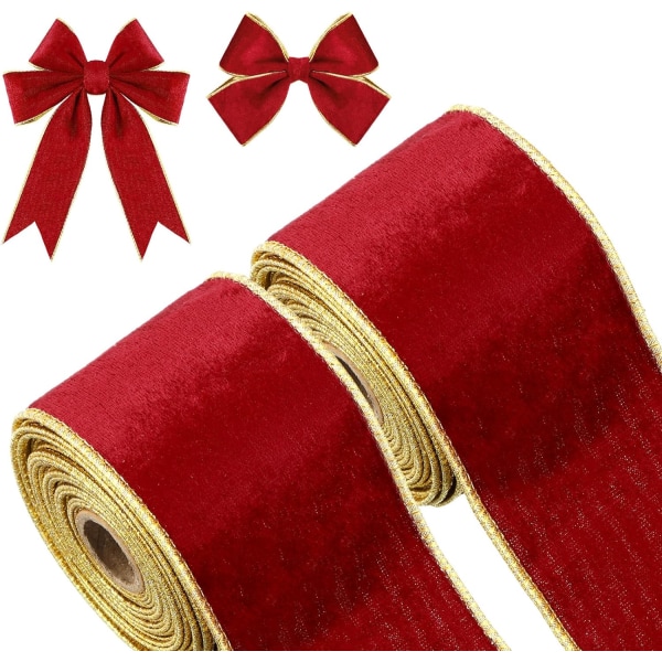 (Wine Red)2 Rolls 2.5 Inch 10 Yards Christmas Velvet Ribbon Decor