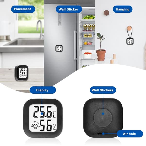 3 Mini Innendørs Termometre (Svart), Digital Termometer Hygrometer