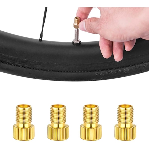 Sett med 4 sykkelpumpe-tupper, inflator-tupper, Presta til Schrader sykkelventil-adaptere, messing