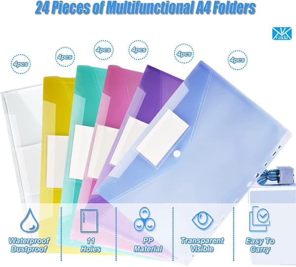 Set med 24 A4 Plastfickor, Dokumentfickor med Flik