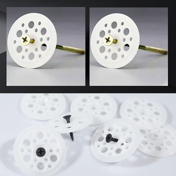 100 plastskiver, 46 mm, for feste og støtte av skumisolasjonspaneler.